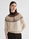 COMOBOCA 100% Cashmere Women's Fair Isle Mock Neck Button Front Sweater