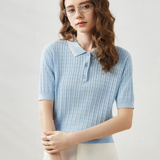 COMOBOCA Light Blue Women's Cable Knit Polo T-Shirt