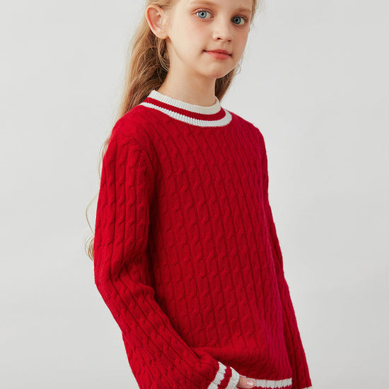 COMOBOCA 100% Wool Kids' Cable Knit Round Neck Sweater