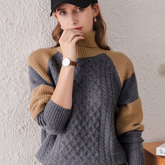 COMOBOCA Gray 100% Cashmere Women's Cable Knit Color Block Sweater