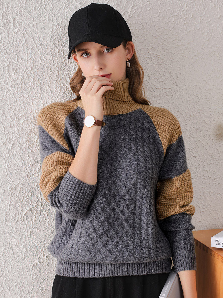 COMOBOCA Gray 100% Cashmere Women's Cable Knit Color Block Sweater