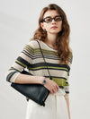 COMOBOCA Light Green Women's Striped Ribbed Round Neck Sweater