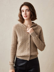 COMOBOCA Camel 100% Cashmere Women's Cable Knit Hooded Cardigan