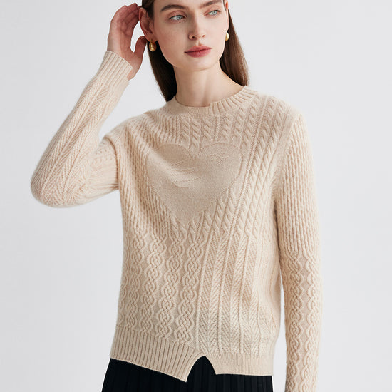 COMOBOCA 100% Cashmere Women's Cable Heart Patterned Knit Sweater