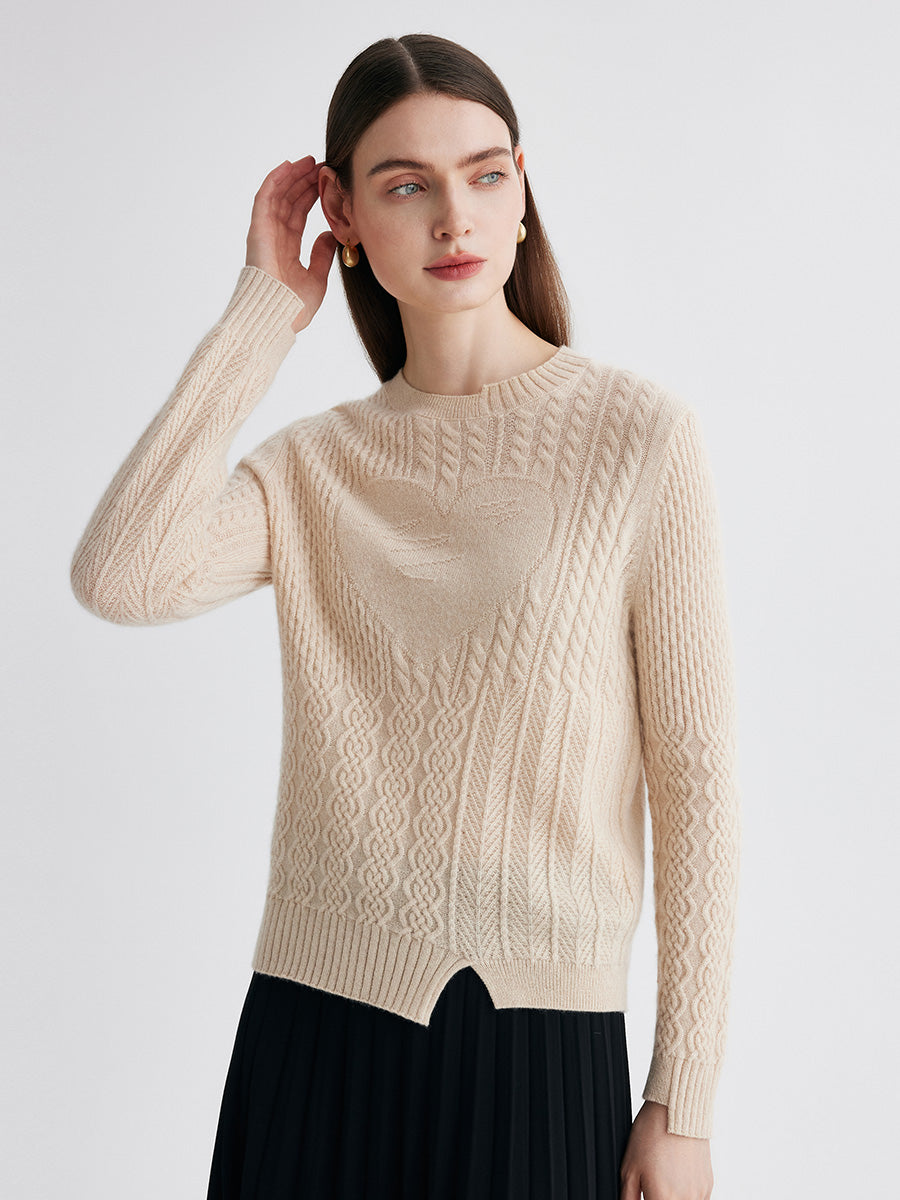 COMOBOCA 100% Cashmere Women's Cable Heart Patterned Knit Sweater