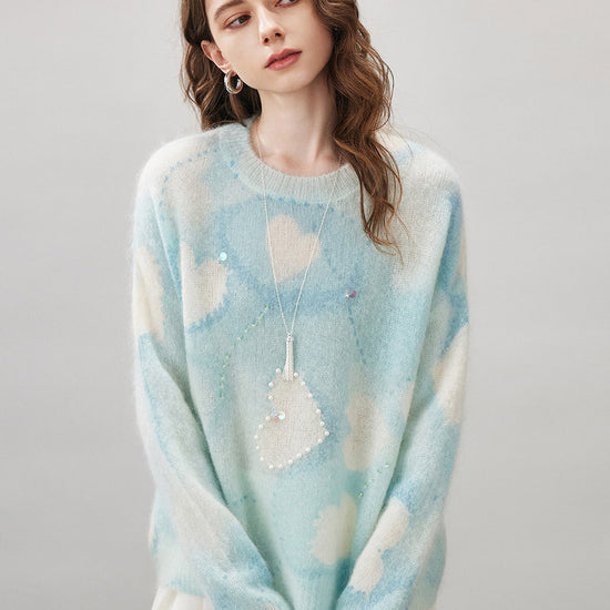 COMOBOCA Women's Heart Printed Round Neck Sweater