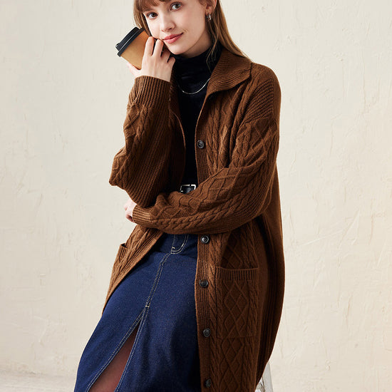 COMOBOCA 100% Wool Women's Cable Knit Long Front Button Coat