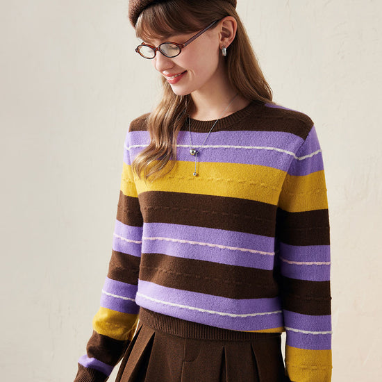 COMOBOCA Purple 100% Wool Women's Cozy Striped Knit Sweater