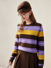 COMOBOCA Purple 100% Wool Women's Cozy Striped Knit Sweater