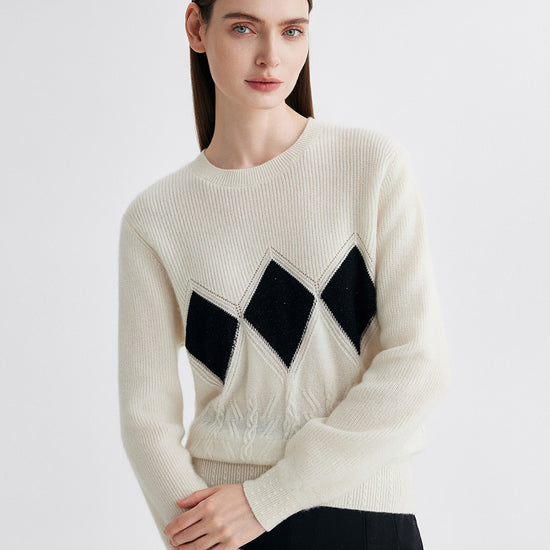 COMOBOCA 100% Cashmere Women's Argyle Patterned Round Neck Sweater