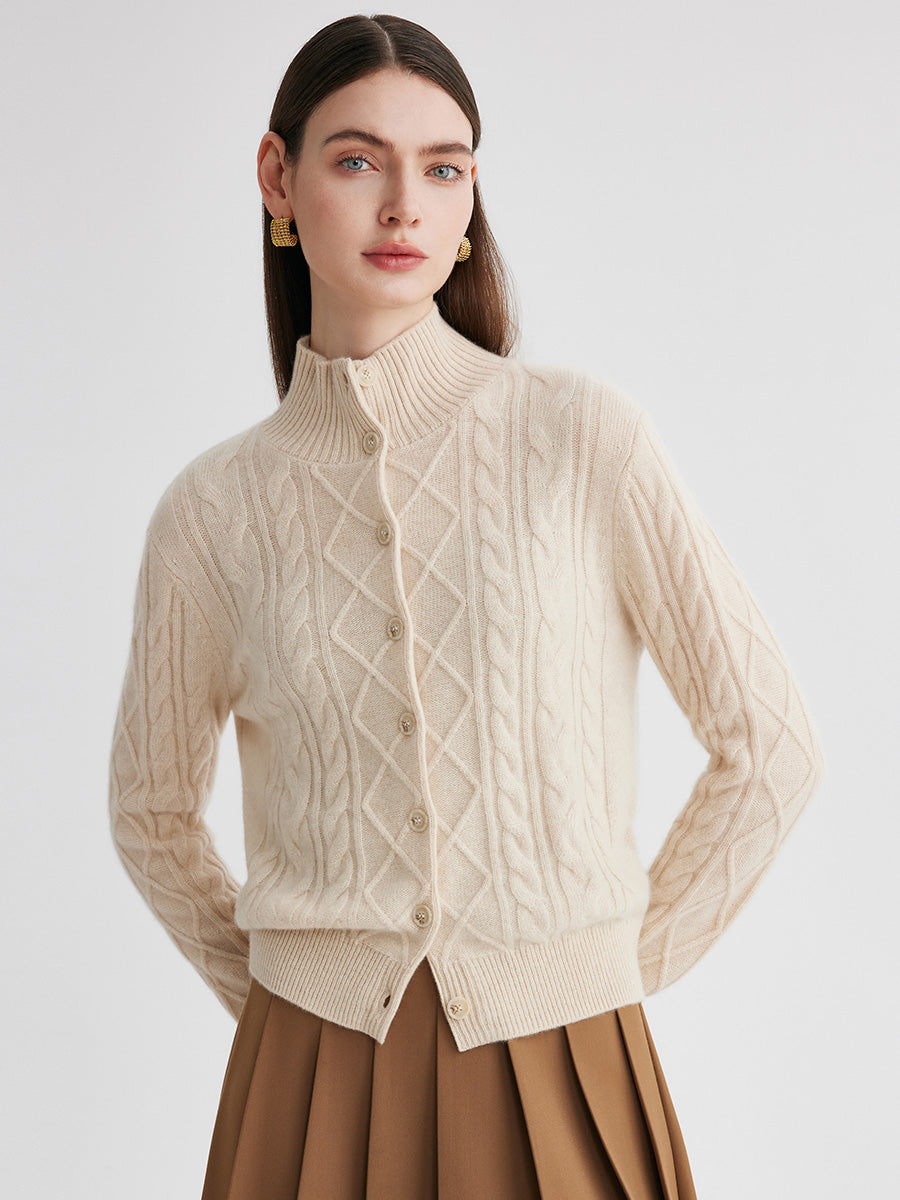 COMOBOCA 100% Cashmere Women's Cable Mock Neck Knit Cardigan