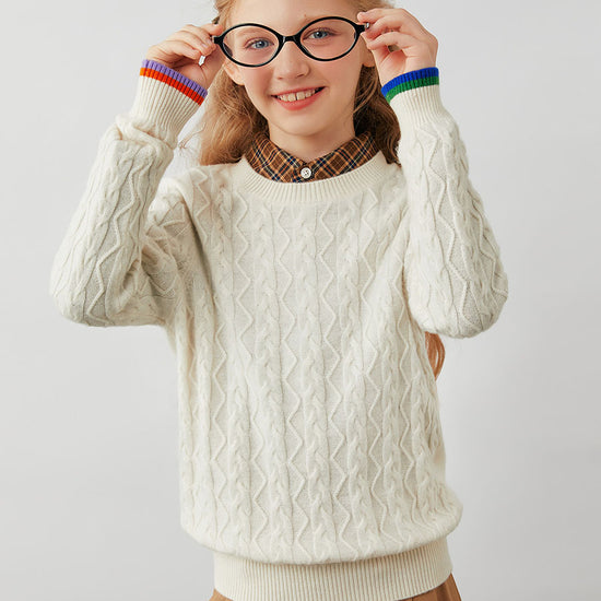 COMOBOCA 100% Wool Kids' Cable Knit Round Neck Sweater