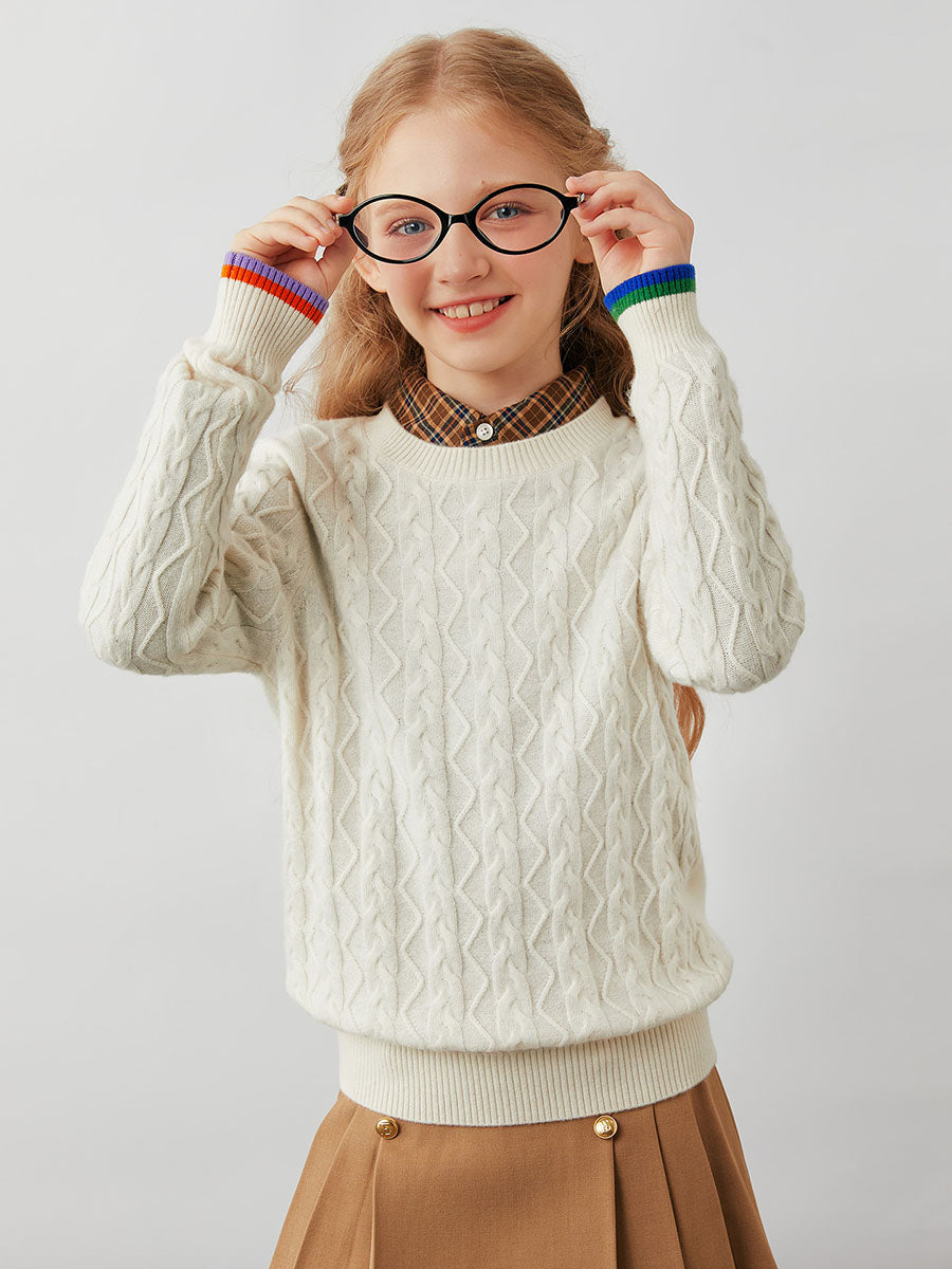 COMOBOCA 100% Wool Kids' Cable Knit Round Neck Sweater