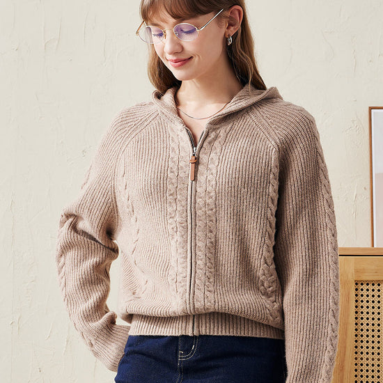 COMOBOCA Brown 100% Wool Women's Cardigan Cable Knit Hoodie