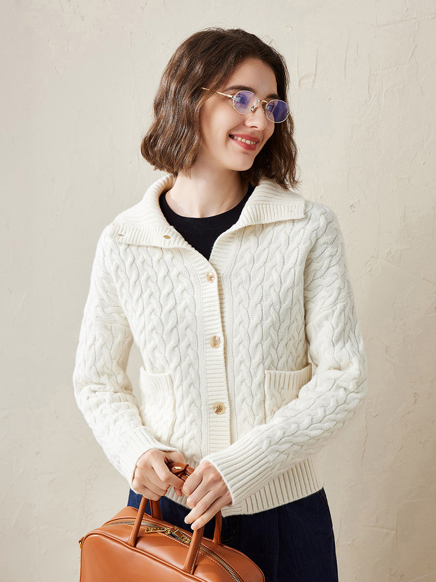 COMOBOCA White 100% Cashmere Women's Cable Knit Pocket Cardigan