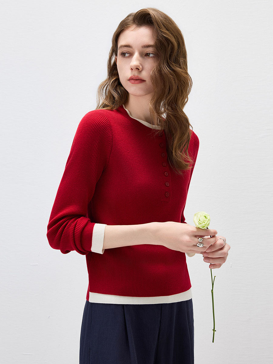 COMOBOCA Women's Ribbed Contrast Trim Henley Knit Sweater