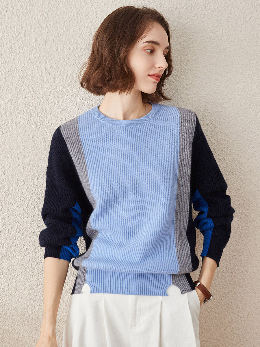 COMOBOCA Light Blue 100% Cashmere Women's Crew Neck Fish Scale Inlay Sweater