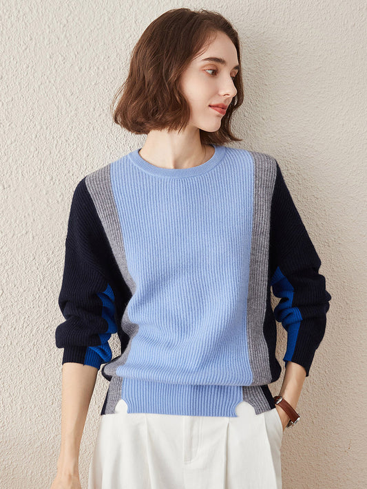 COMOBOCA Light Blue 100% Cashmere Women's Crew Neck Fish Scale Inlay Sweater