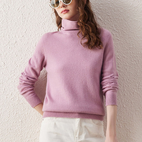 COMOBOCA LIGHT PURPLE 100% Wool Women's Ribbed Turtleneck Sweater