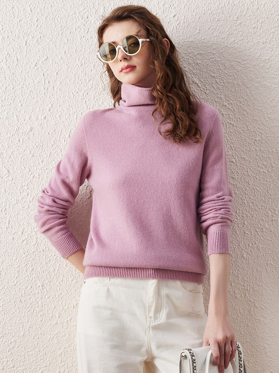 COMOBOCA LIGHT PURPLE 100% Wool Women's Ribbed Turtleneck Sweater