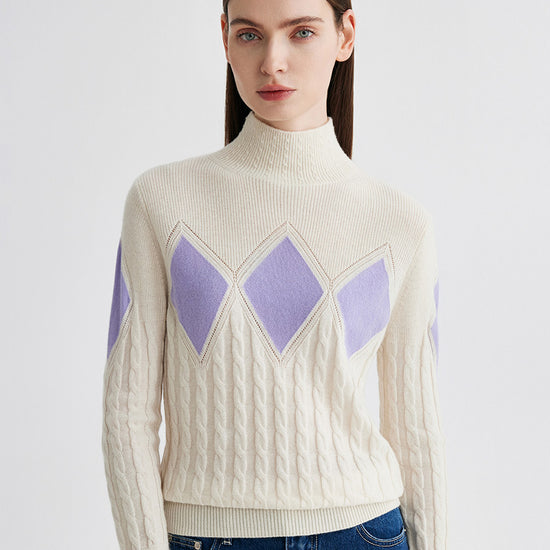 COMOBOCA 100% Cashmere Women's Argyle Cable Turtleneck Knit Sweater