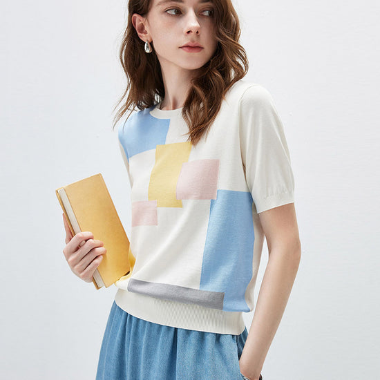 COMOBOCA Women's Geometric Color Block Fine Knit T-Shirt