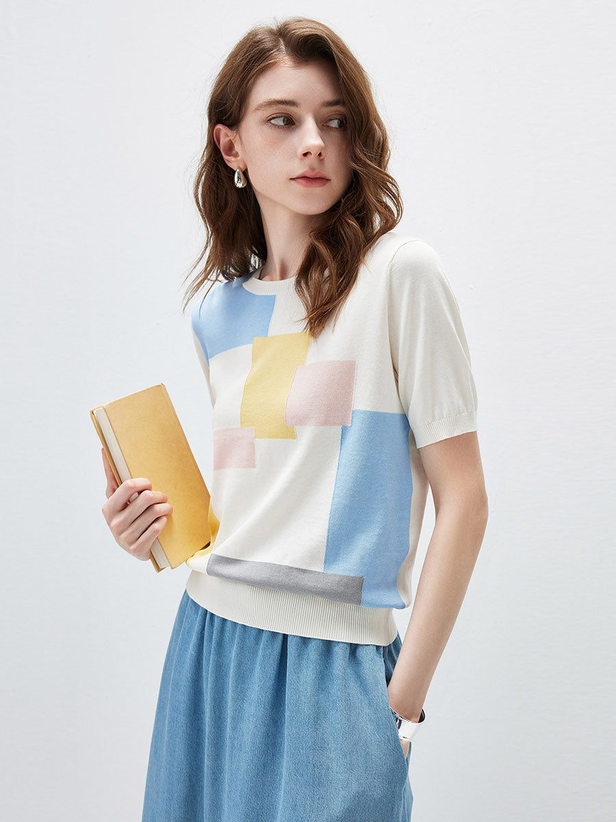 COMOBOCA Women's Geometric Color Block Fine Knit T-Shirt