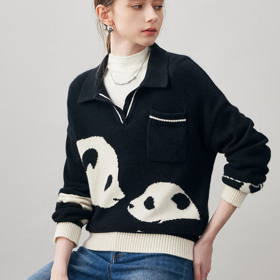 COMOBOCA 100% Cashmere Women's Panda Pattern Polo Collar Sweater