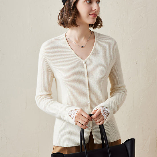 COMOBOCA White 100% Cashmere Women's Faux Button Sweater with Lace Cuff