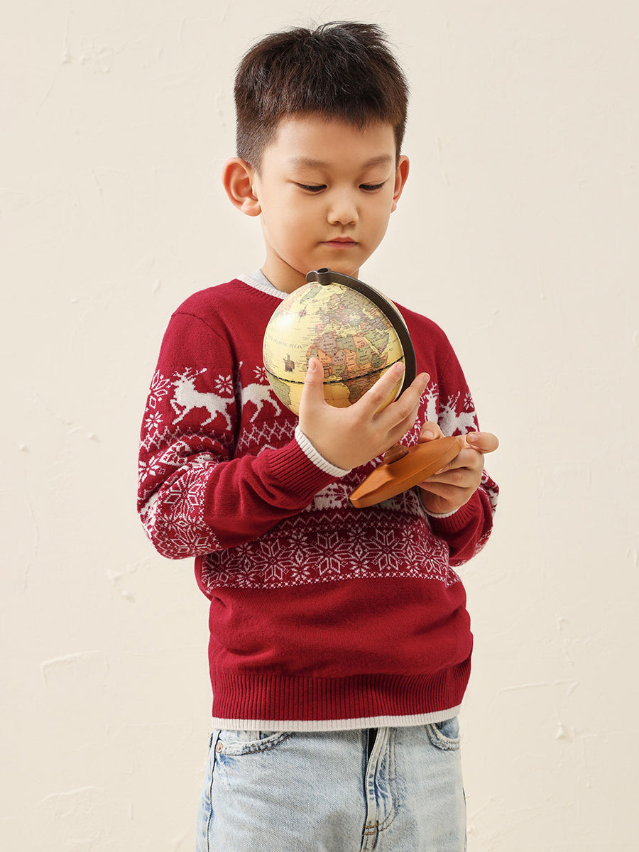 COMOBOCA 100% Wool Kids' Nordic Reindeer Pattern Knit Sweater
