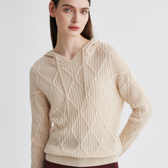 COMOBOCA 100% Cashmere Women's Cable Knit Hoodie