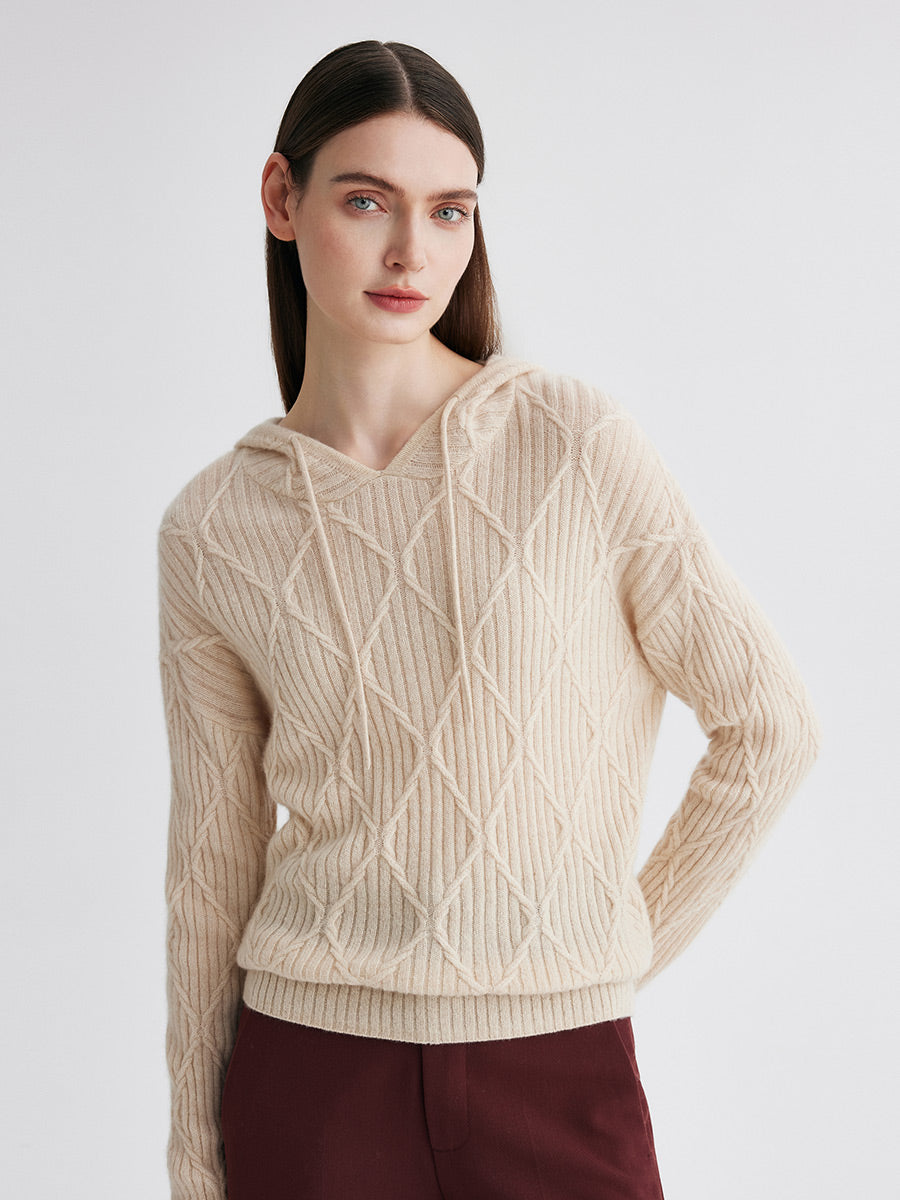COMOBOCA 100% Cashmere Women's Cable Knit Hoodie