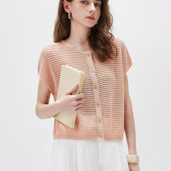 COMOBOCA Pink Women's Openwork Mesh Knit Button Front Top