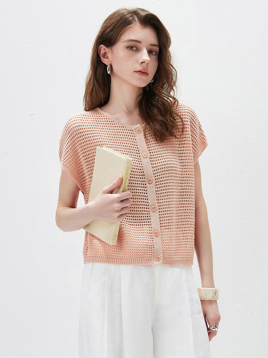 COMOBOCA Pink Women's Openwork Mesh Knit Button Front Top