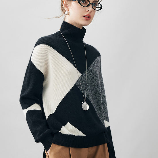 COMOBOCA 100% Cashmere Women's Geometric Turtleneck Sweater