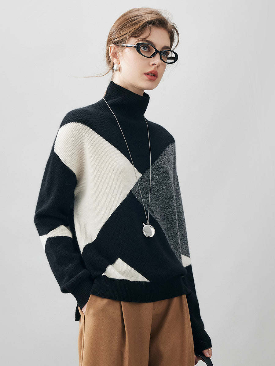 COMOBOCA 100% Cashmere Women's Geometric Turtleneck Sweater