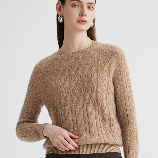 COMOBOCA 100% Cashmere Women's Cable Knit Round Neck Sweater