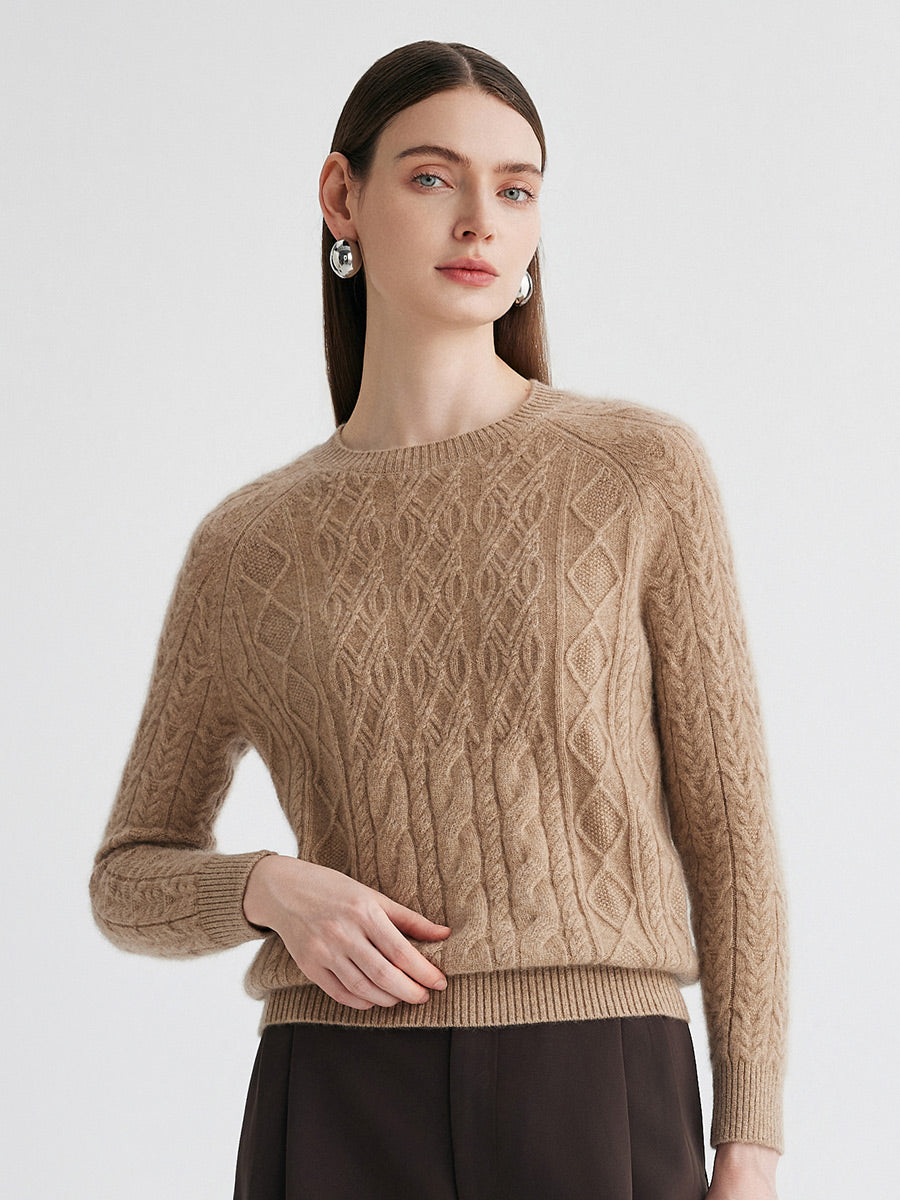 COMOBOCA 100% Cashmere Women's Cable Knit Round Neck Sweater