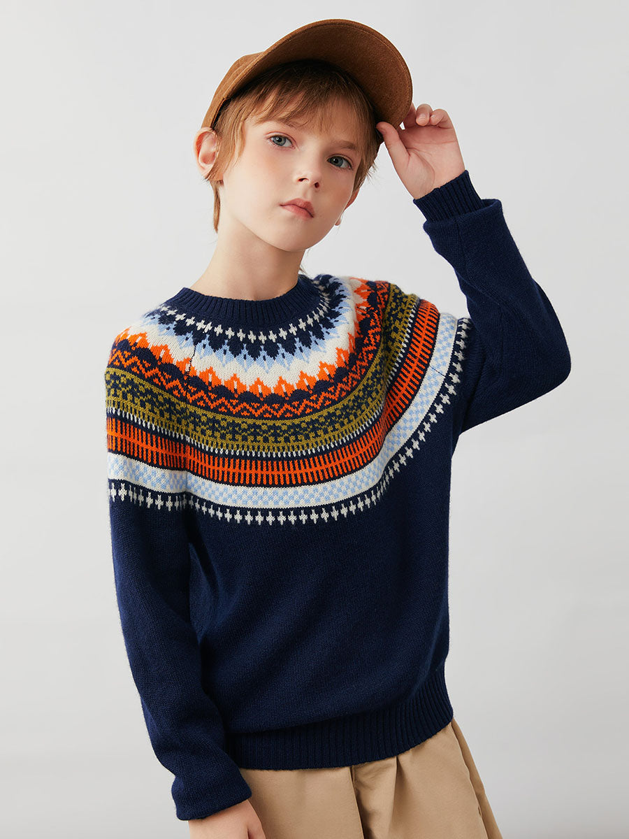 COMOBOCA 100% Wool Kids' Fair Isle Round Neck Sweater