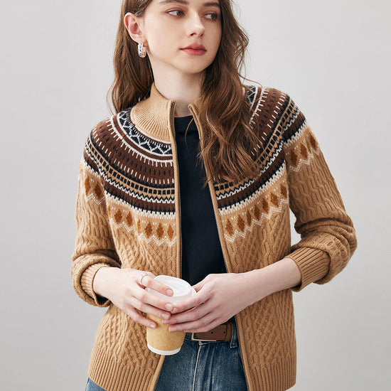 COMOBOCA Bronze 100% Wool Women's Fair Isle Zip Up Cable Knit Cardigan