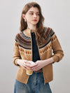 COMOBOCA Bronze 100% Wool Women's Fair Isle Zip Up Cable Knit Cardigan