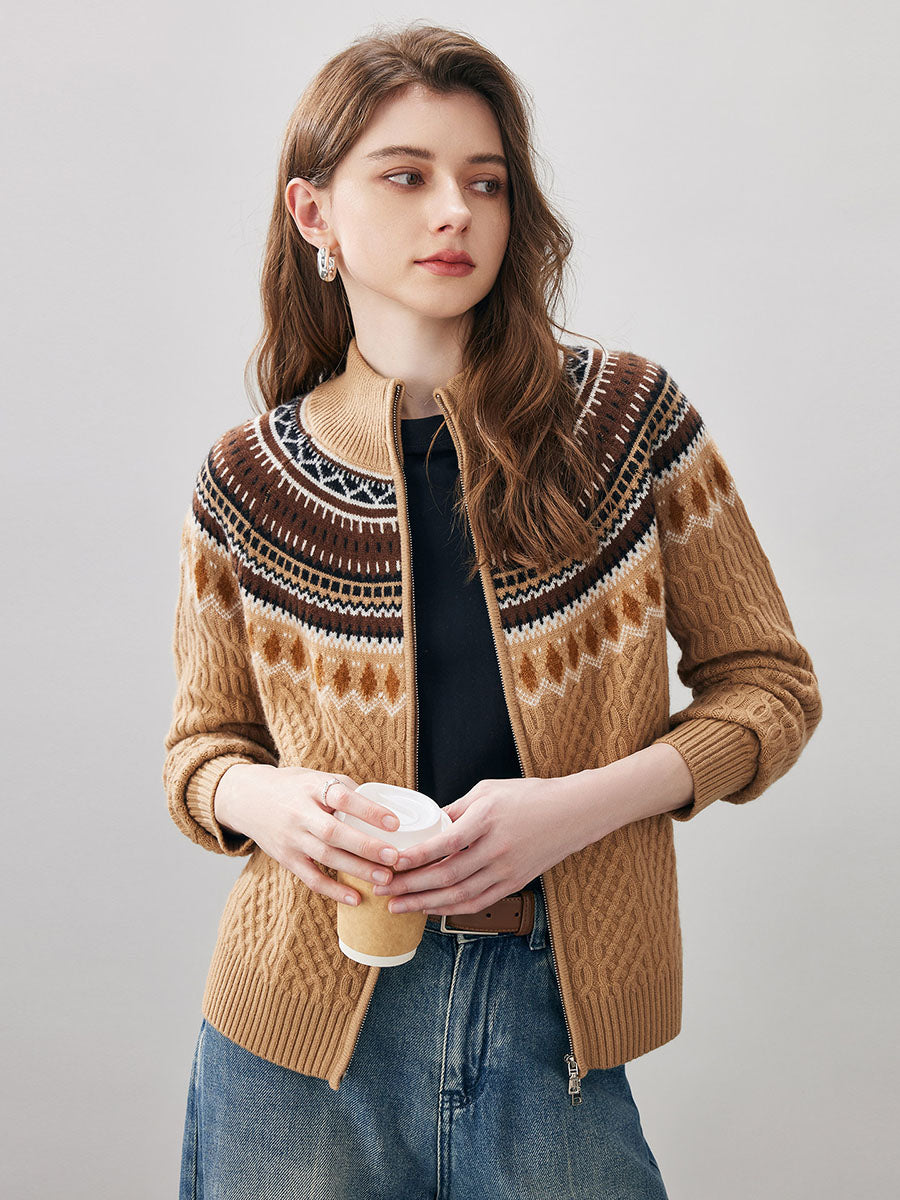 COMOBOCA Bronze 100% Wool Women's Fair Isle Zip Up Cable Knit Cardigan