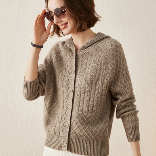 COMOBOCA 100% Cashmere Luxurious Cable Knit Hooded Cardigan