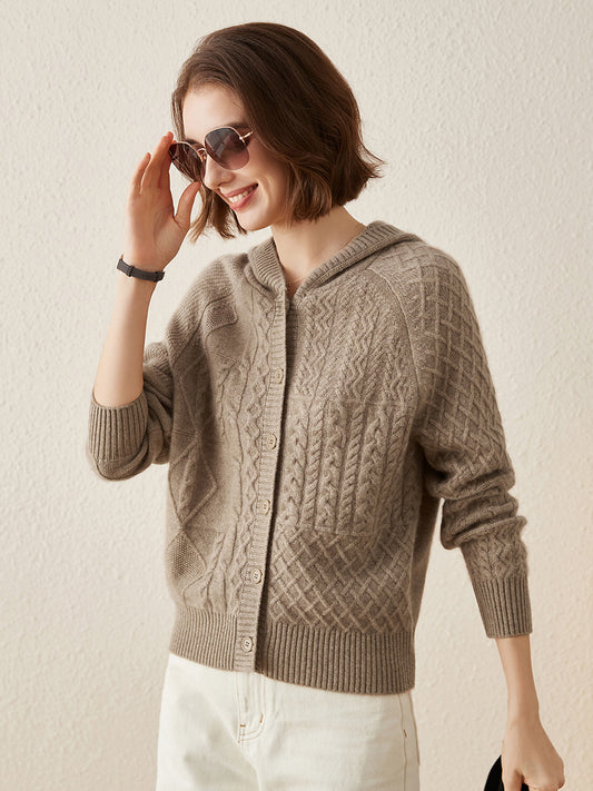 COMOBOCA 100% Cashmere Luxurious Cable Knit Hooded Cardigan