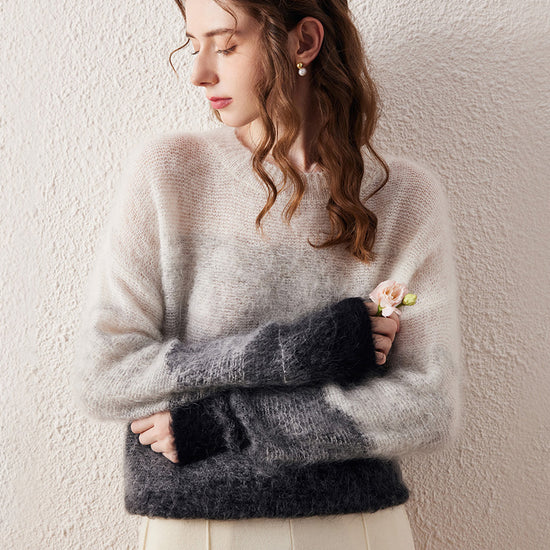 COMOBOCA Gray Women's Mohair Crew Neck Gradient Knit Sweater