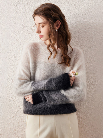 COMOBOCA Gray Women's Mohair Crew Neck Gradient Knit Sweater