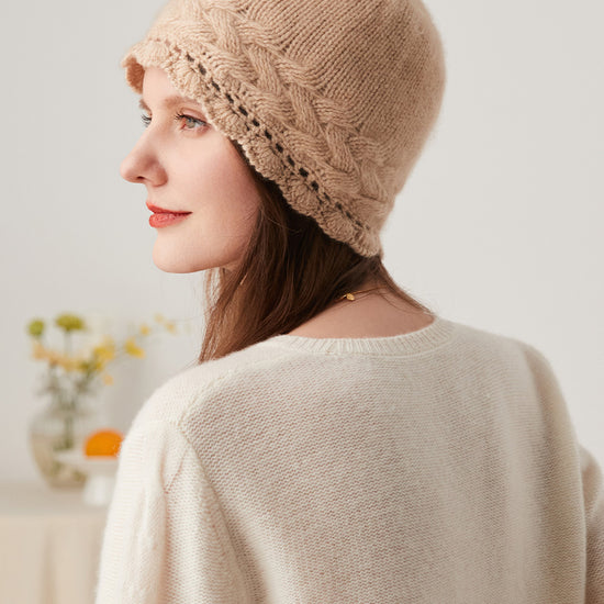 COMOBOCA 100% Cashmere Women's Crochet Trim Cable Knit Beanie