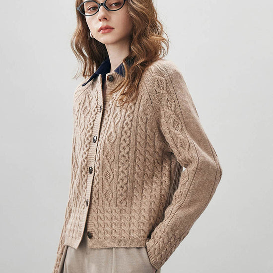 COMOBOCA 100% Wool Women's Cable Knit Button Cardigan