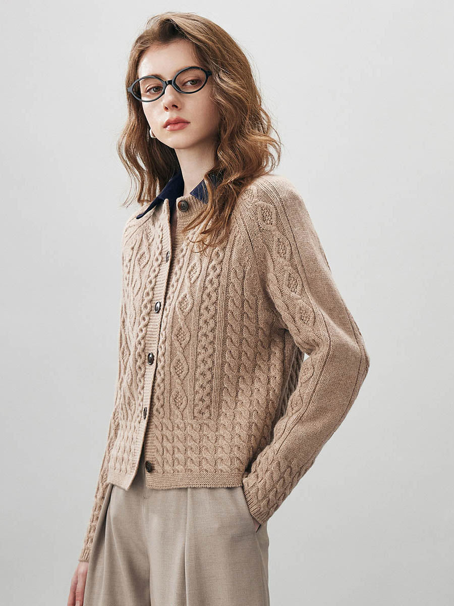 COMOBOCA 100% Wool Women's Cable Knit Button Cardigan