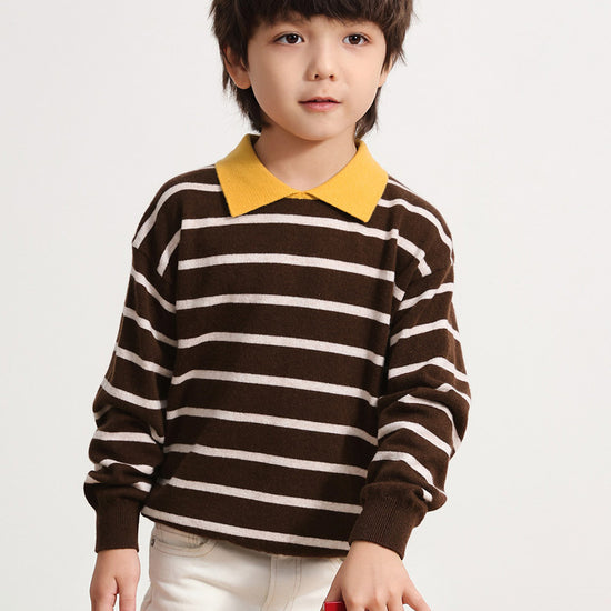 COMOBOCA BROWN 100% Wool Kids' Striped Collar Sweater